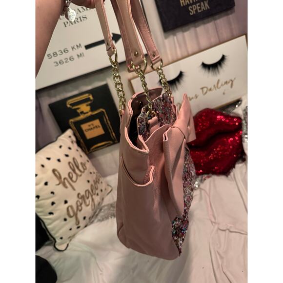 Betsey johnson rainbow sequin pink leather kitsch pocketbook satchel bag purse - Picture 3 of 13